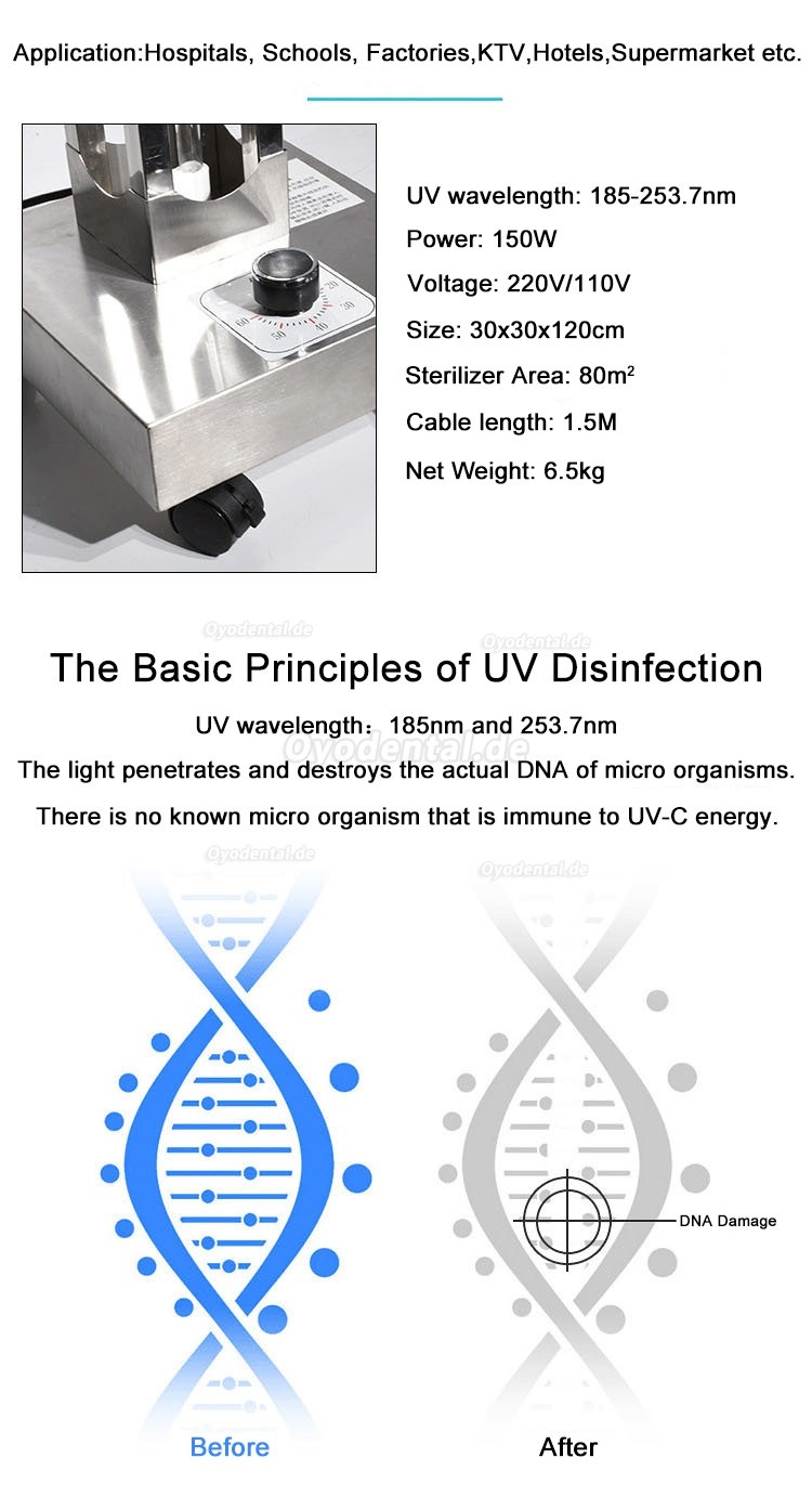 150 W Mobiler UV + Ozon-Desinfektionswagen UVC-Lampe Sterilisationslampe Ultraviolettes keimtötendes Licht