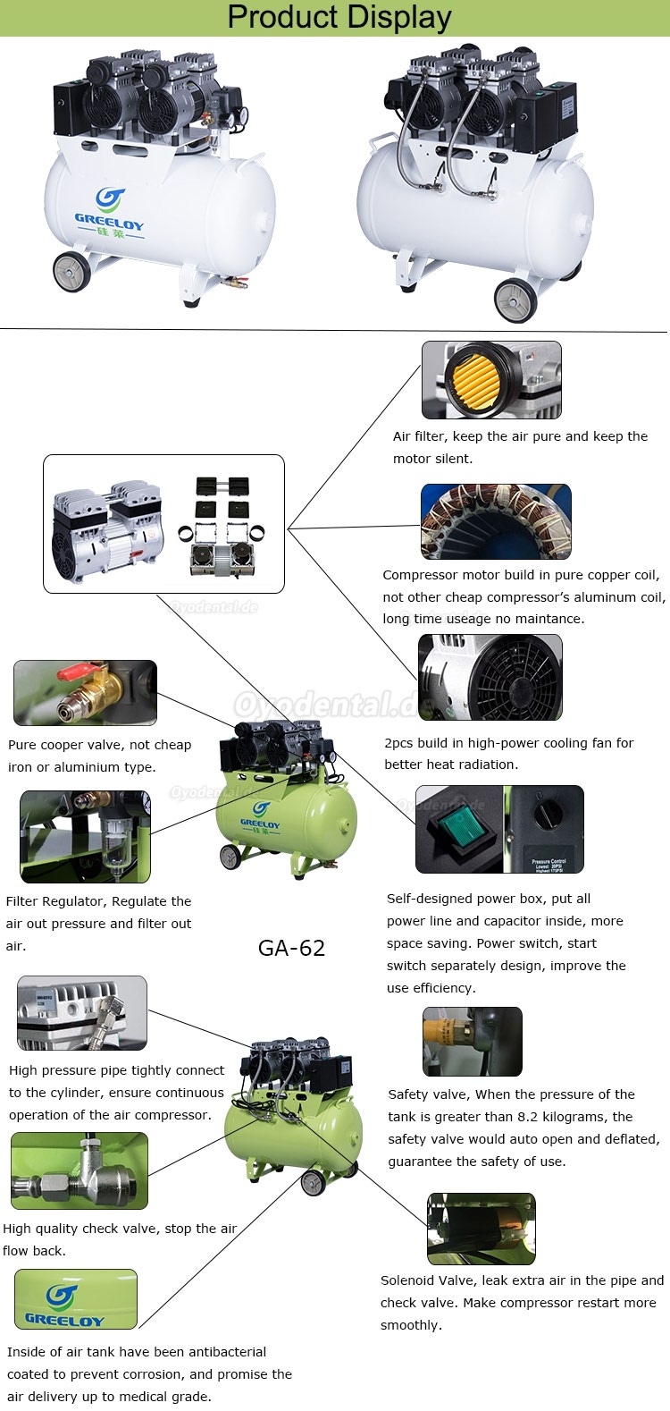 Greeloy® 60L Verdichter&Kompressor für Zahnarztpaxis 1200W 236L/min GA-62