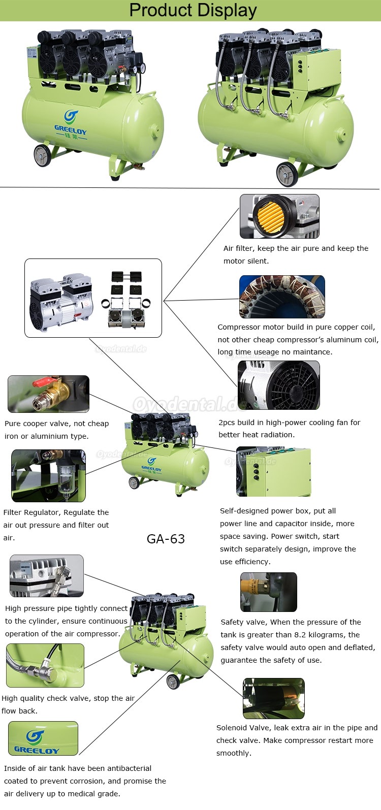 Greeloy® 1800W 2.5HP 90L Dentalkompressoren leise Ölfrei mit trockner mit Rückschlagventil GA-63