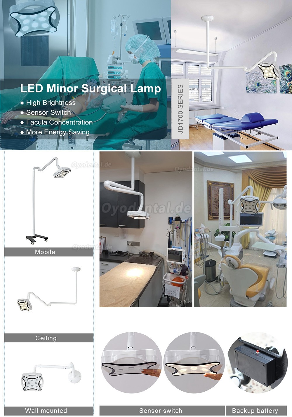 JD1700G Wandmontierte Chirurgische Lampe Dental Veterinärchirurgie Licht LED-Operationslampe