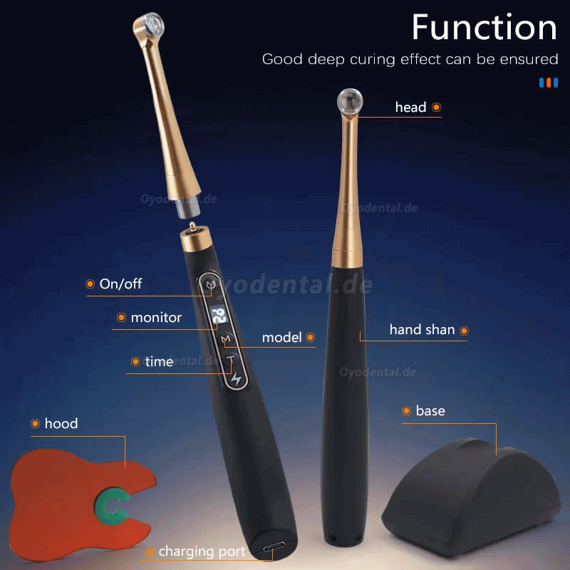 Dentale Wireless 1 Sekunde LED-Polymerisationslampe mit Karieserkennung 6 Modi 1800 MW/CM2