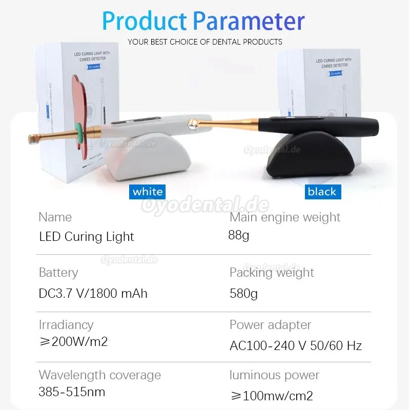 Dentale Wireless 1 Sekunde LED-Polymerisationslampe mit Karieserkennung 6 Modi 1800 MW/CM2