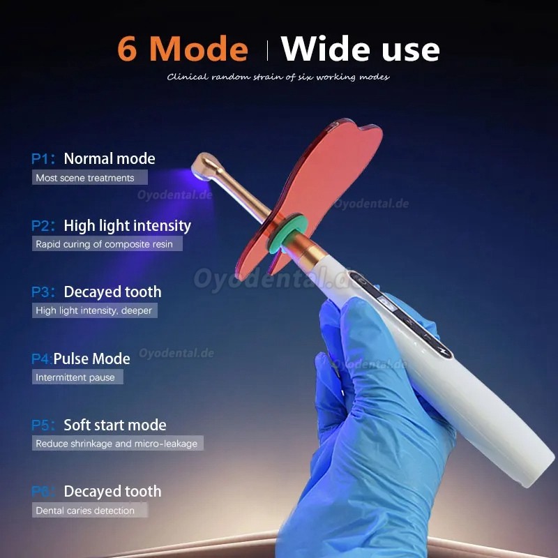 Dentale Wireless 1 Sekunde LED-Polymerisationslampe mit Karieserkennung 6 Modi 1800 MW/CM2
