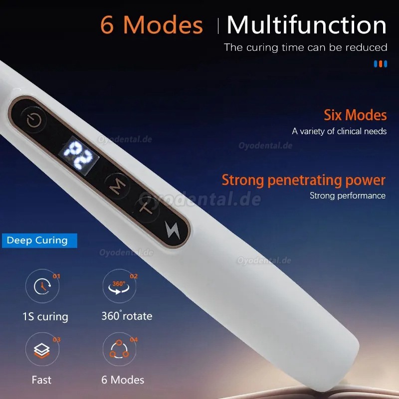 Dentale Wireless 1 Sekunde LED-Polymerisationslampe mit Karieserkennung 6 Modi 1800 MW/CM2