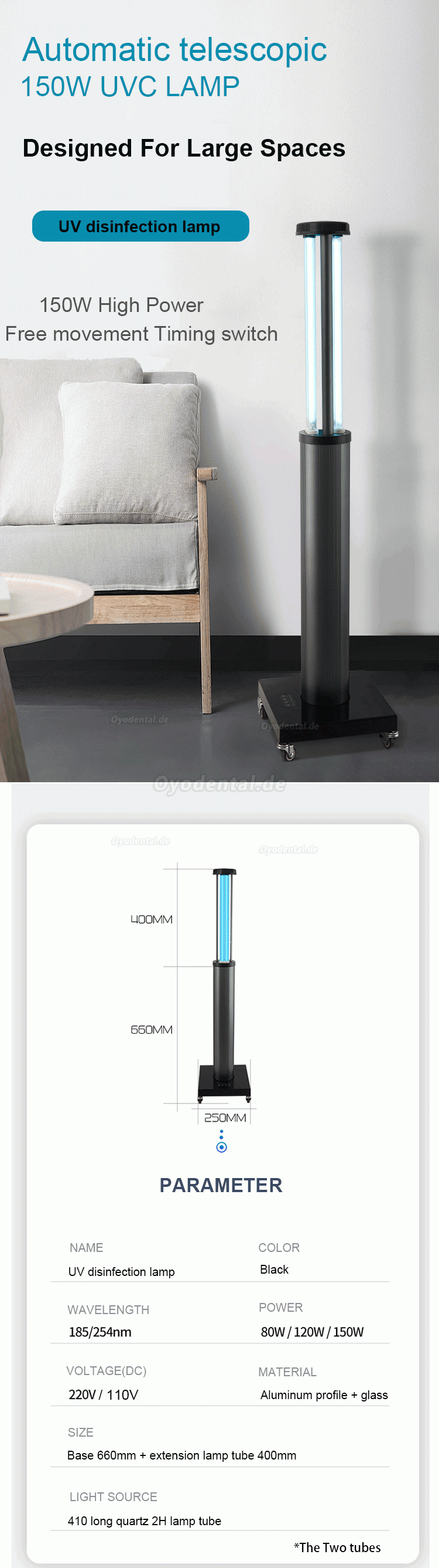 150 W mobile UV-Raumsterilisationslampe für die Induktion des menschlichen Körpers UVC-Desinfektionslicht mit Radarsenso