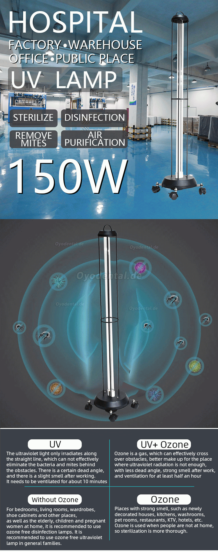 150W Kommerzieller UV-Desinfektionsapparat UV-Trolleywagen Keimtötende Lampe UVC-Licht-Raumsterilisator mit Radarsensore